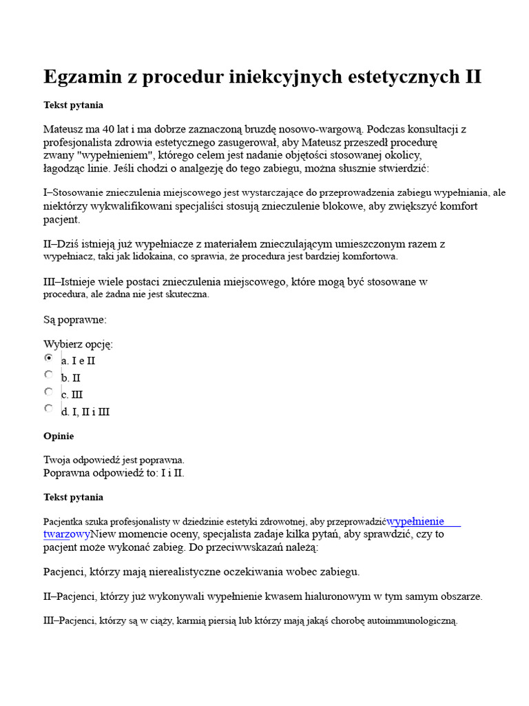 Test Procedur Estetycznych Iniekcji II | PDF
