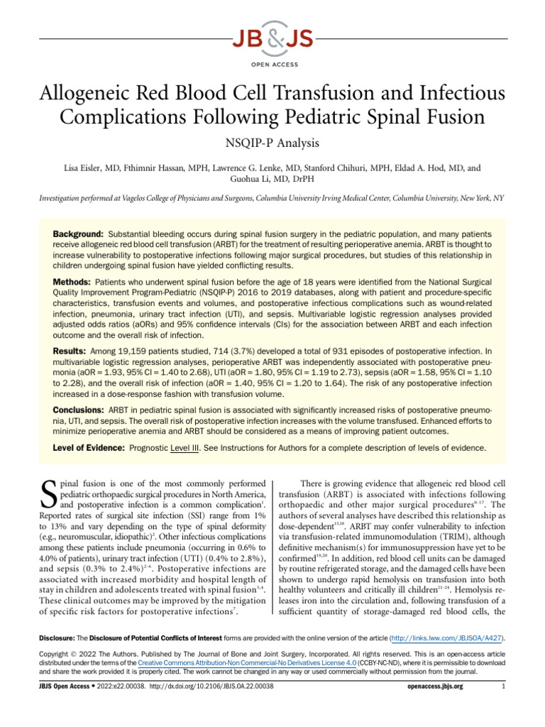 Allogeneic Red Blood Cell Transfusion and Infectious Complications ...