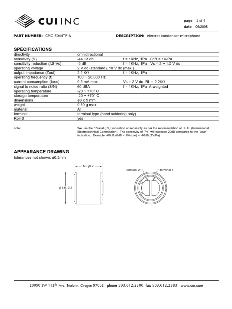 Specifications DESCRIPTION Electret Condenser Microphone Part Number