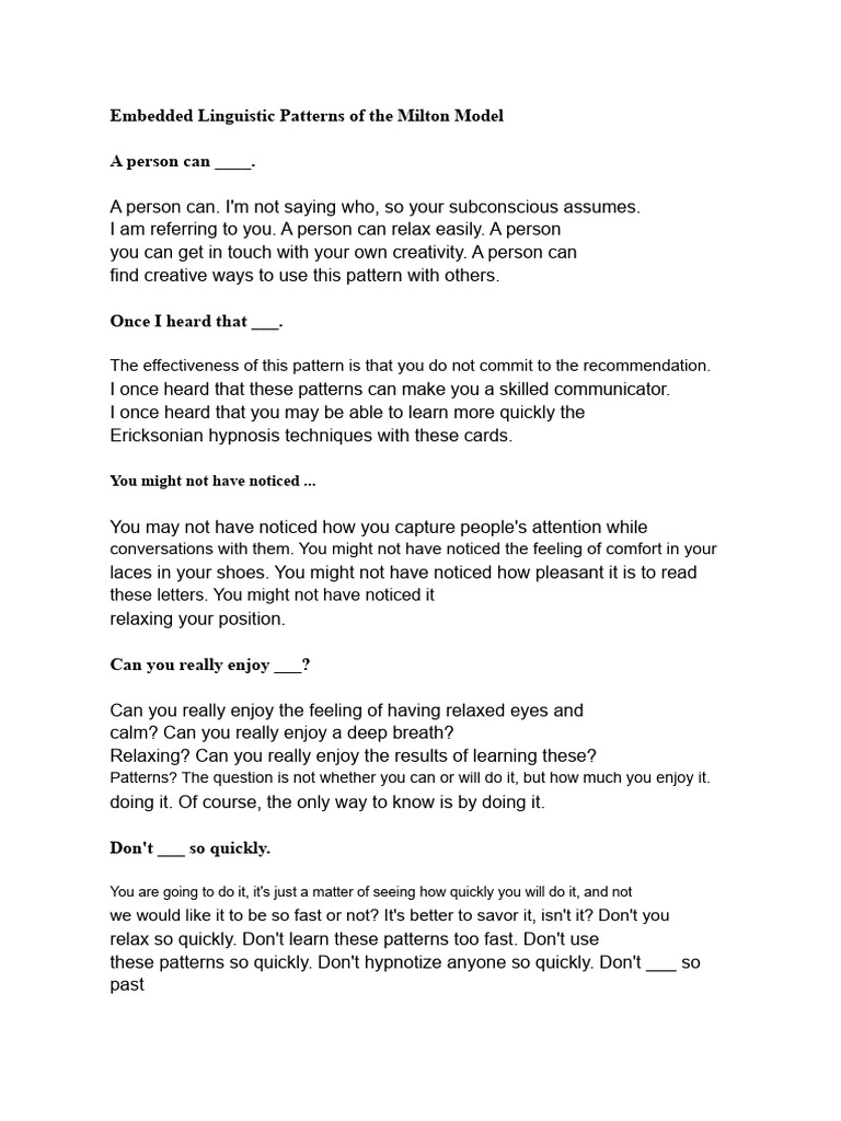 Milton Model Linguistic Patterns Guide | PDF | Psychological Concepts ...