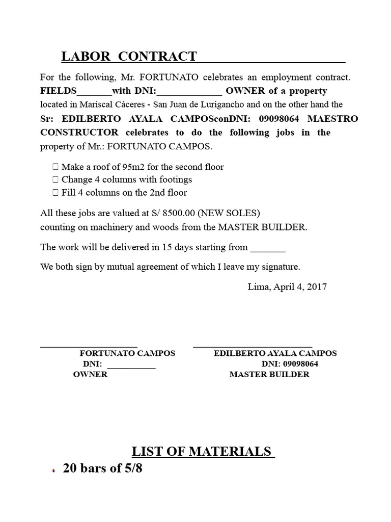 Employment Contract for Construction Work | PDF