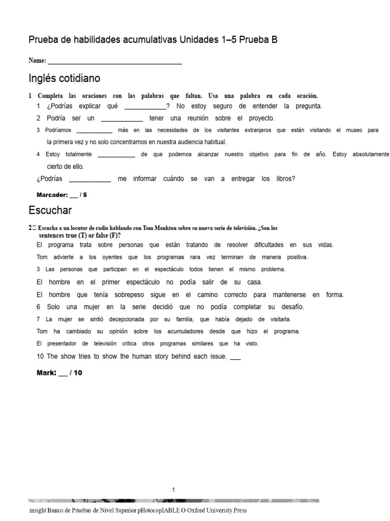 Prueba Cumulativa de Habilidades Unidades 1-5 Prueba B | PDF