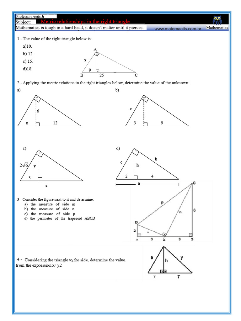 Metric Relationships in The Right Triangle #01 | PDF | Euclidean ...