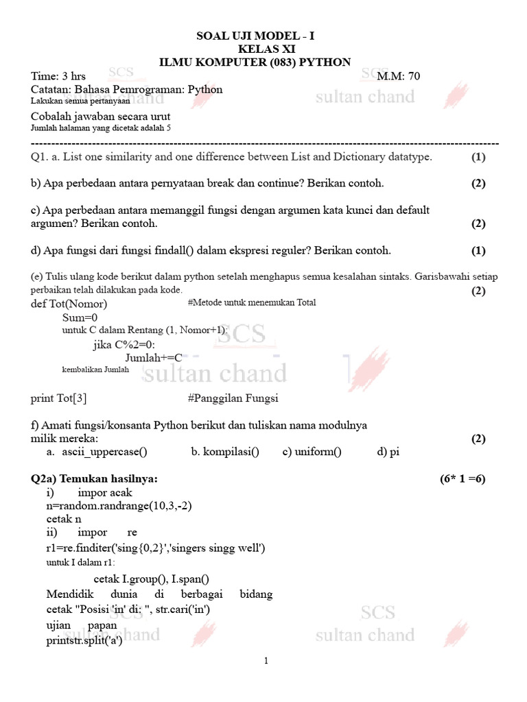 Soal Uji Model Ilmu Komputer Kelas XI Python | PDF