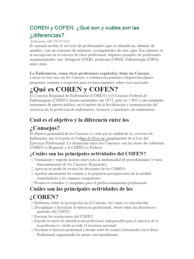 Coren y Cofen | PDF | Enfermería | Cuidado de la salud