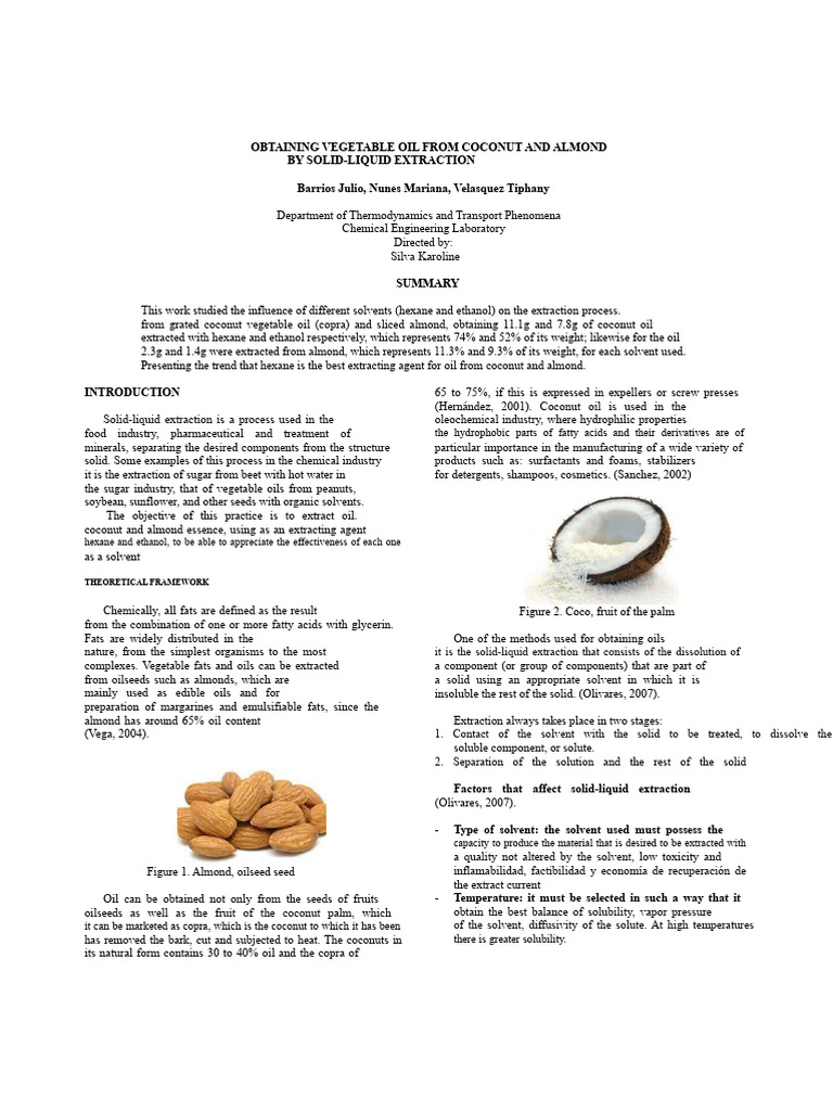 Coconut and Almond Oil Extraction Methods | PDF | Vegetable Oil | Solvent