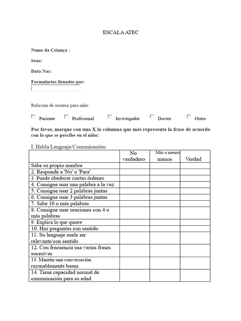 Evaluación del Desarrollo Infantil ATEC | PDF | Comunicación | Ciencias ...
