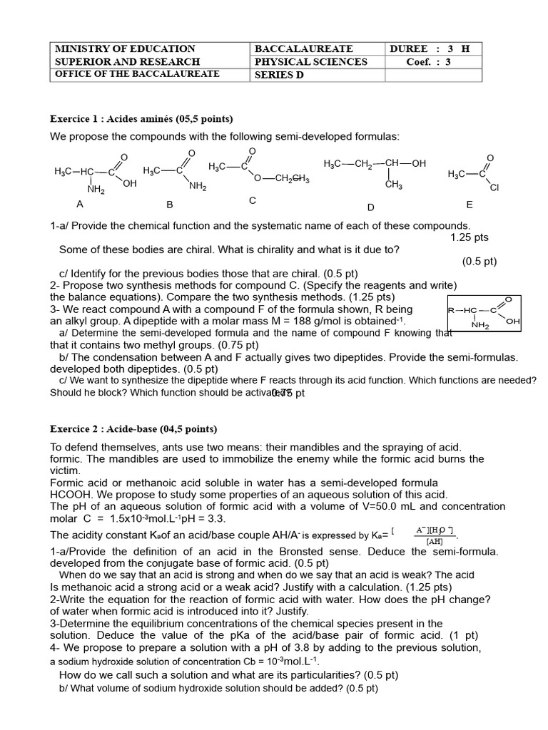 Bac Physical Sciences Exam Series D 2019, Togo-1 | PDF | Acid | Ion