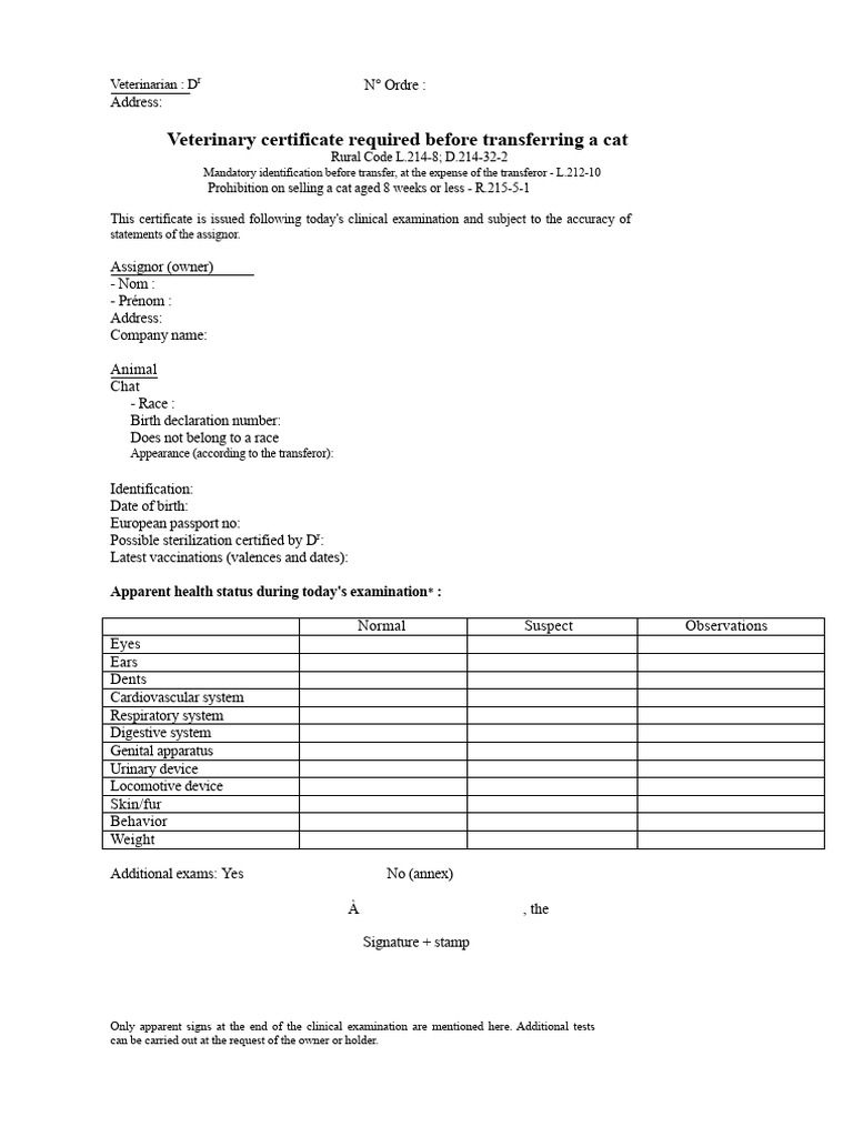 Cat Transfer Veterinary Certificate Guide | PDF