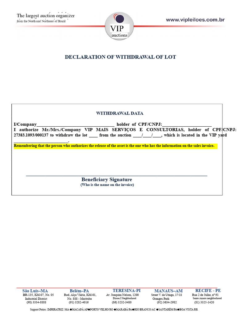 Lot Withdrawal Authorization Form | PDF