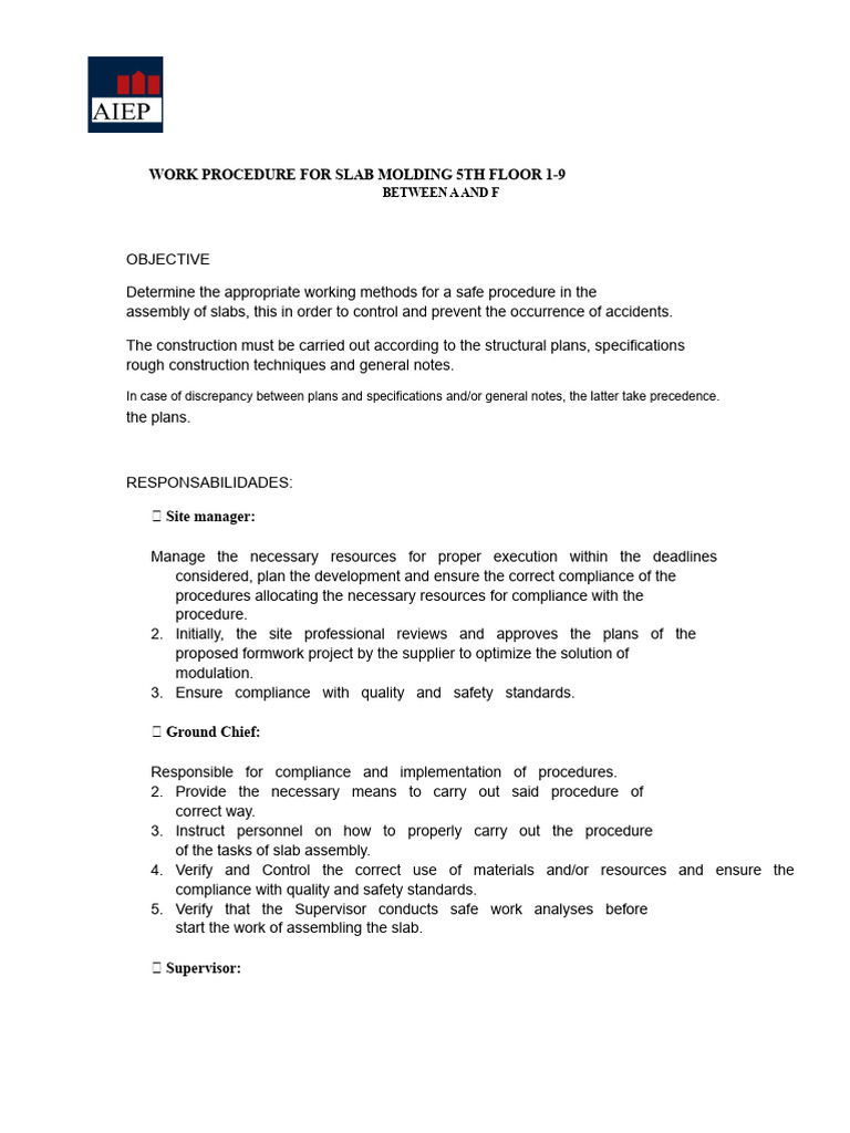 SLAB ASSEMBLY PROCEDURE | PDF | Regulatory Compliance | Safety