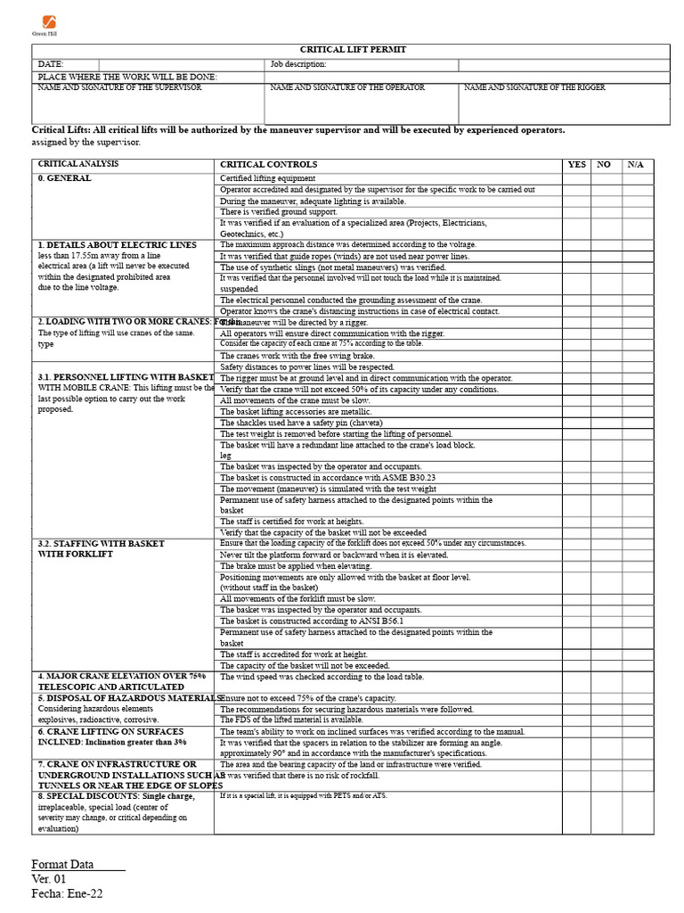 CRITICAL LIFT PERMIT | PDF | Crane (Machine) | Forklift