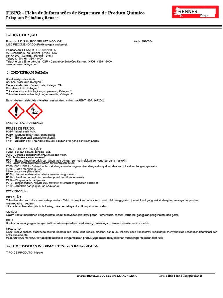 FISPQ REVRAN ECO SEL 997: Bahaya & Penanganan | PDF