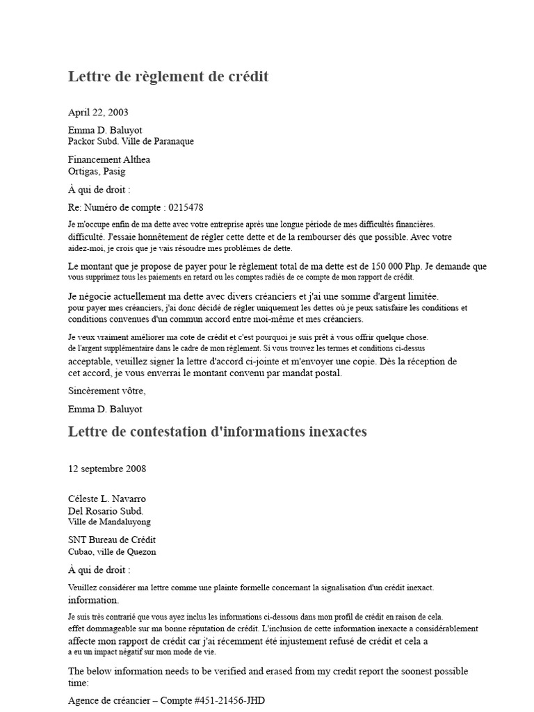 Mod les De Lettres De Cr dit Et De R glement PDF Banques Cr dit