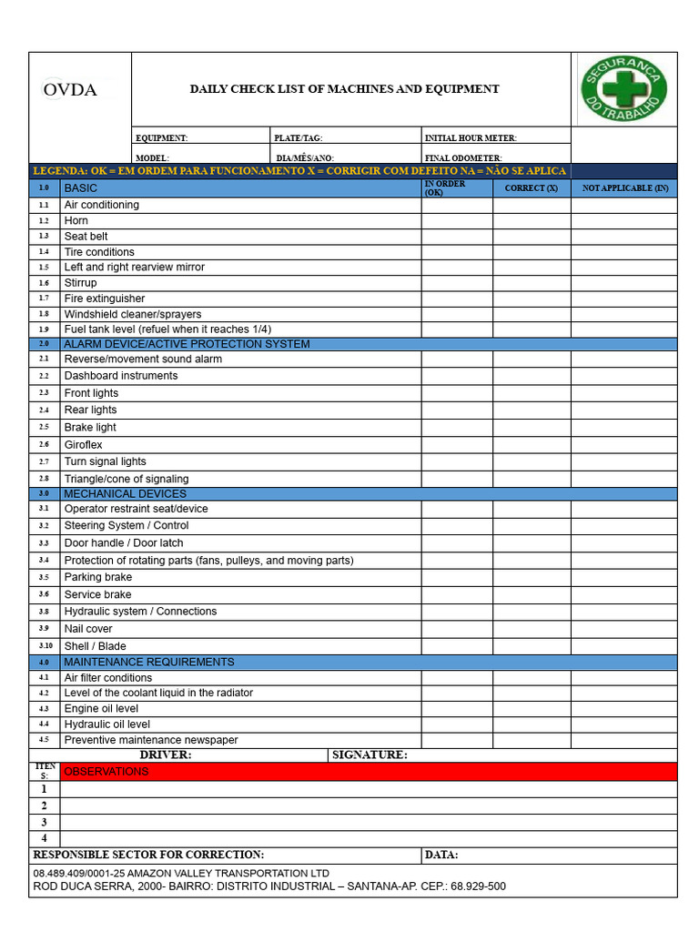 Daily Equipment Check List Template | PDF