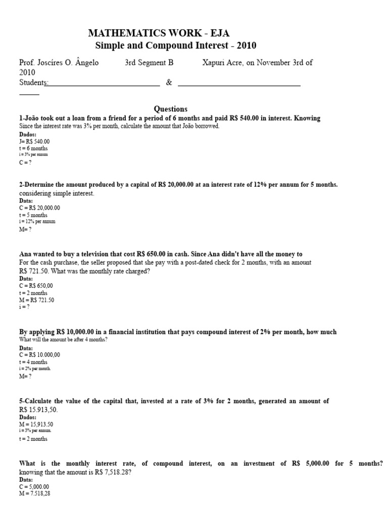 Simple and Compound Interest Problems | PDF