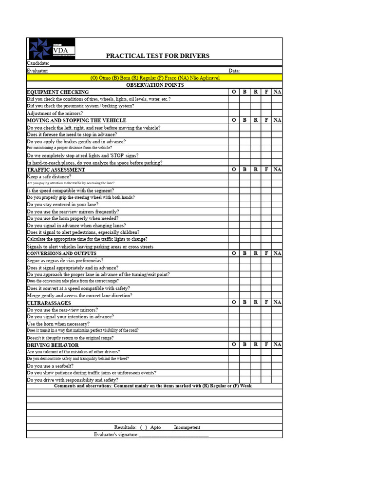Driver Practical Test Evaluation Guide | PDF | Traffic | Traffic Light