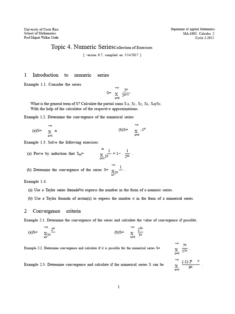 Numerical Series Convergence Exercises | PDF | Limit (Mathematics) | Pi
