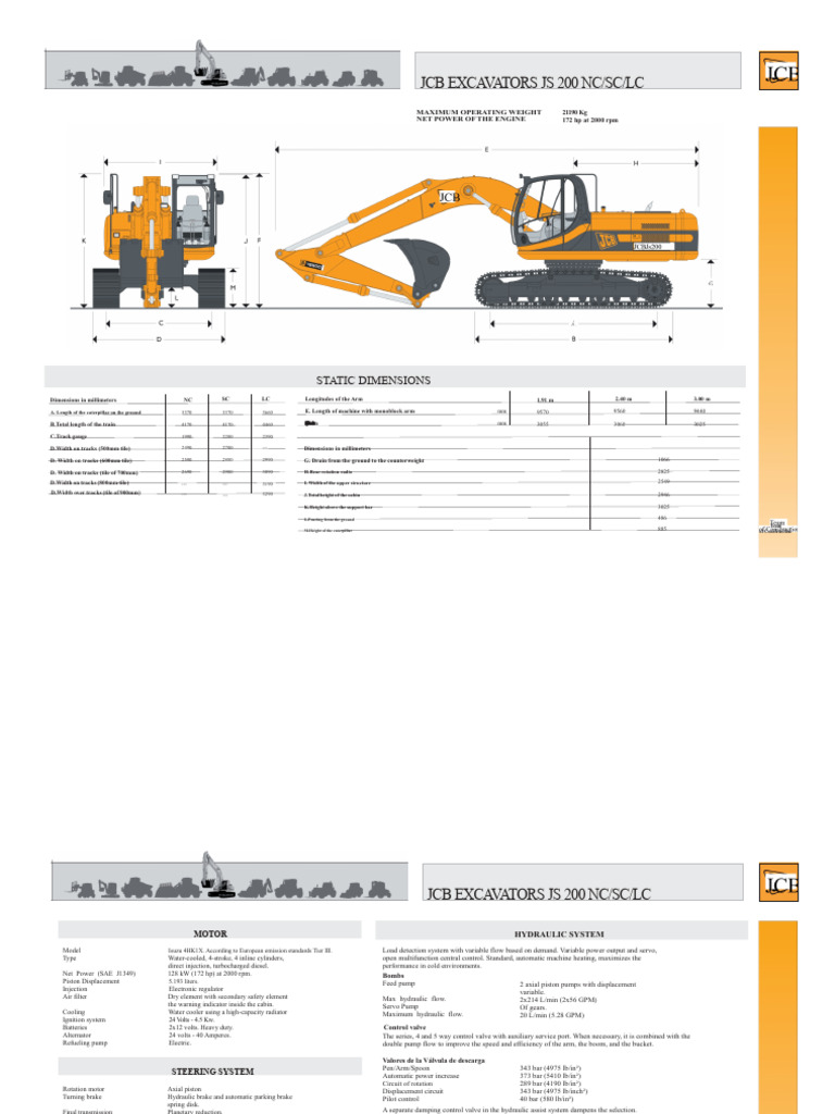 JCB JS 200 Excavator Specifications | PDF | Pump | Horsepower