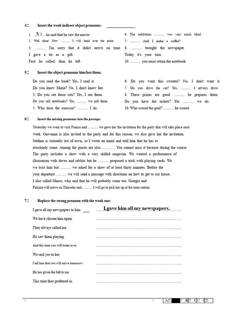 Personal Pronouns Complement Exercises 1 | PDF | Linguistics | Syntax