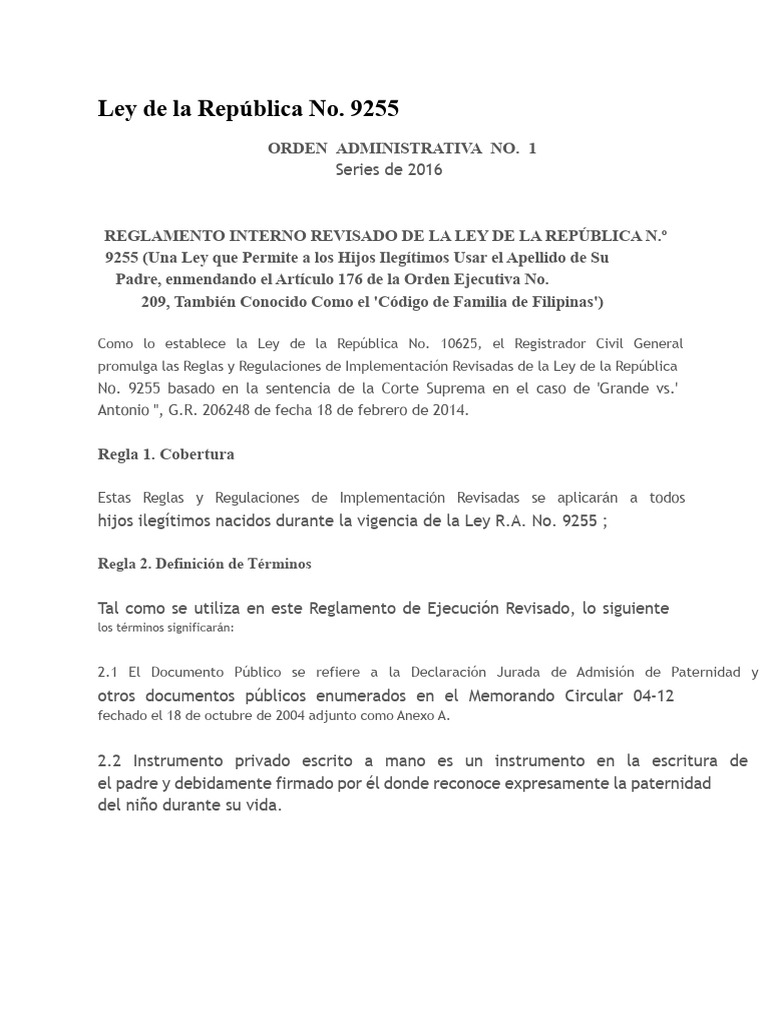 Reglamento Ley República No. 9255 Filipinas | PDF | Certificado de ...