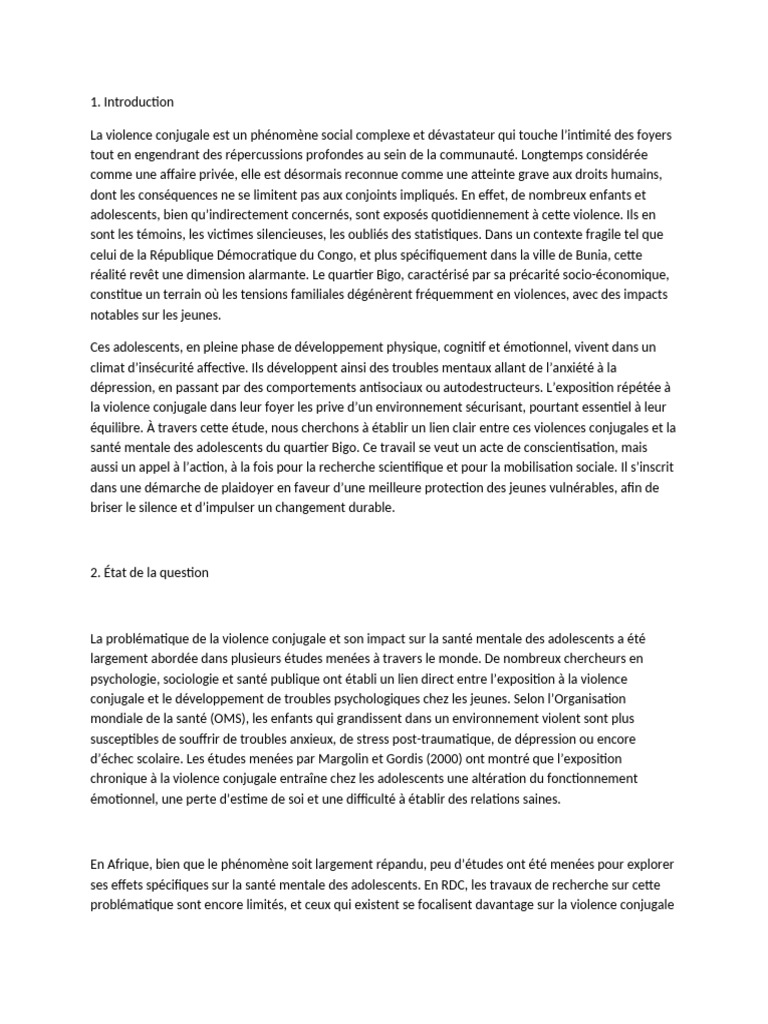 Impact de la violence conjugale sur les adolescents à Bunia | PDF ...