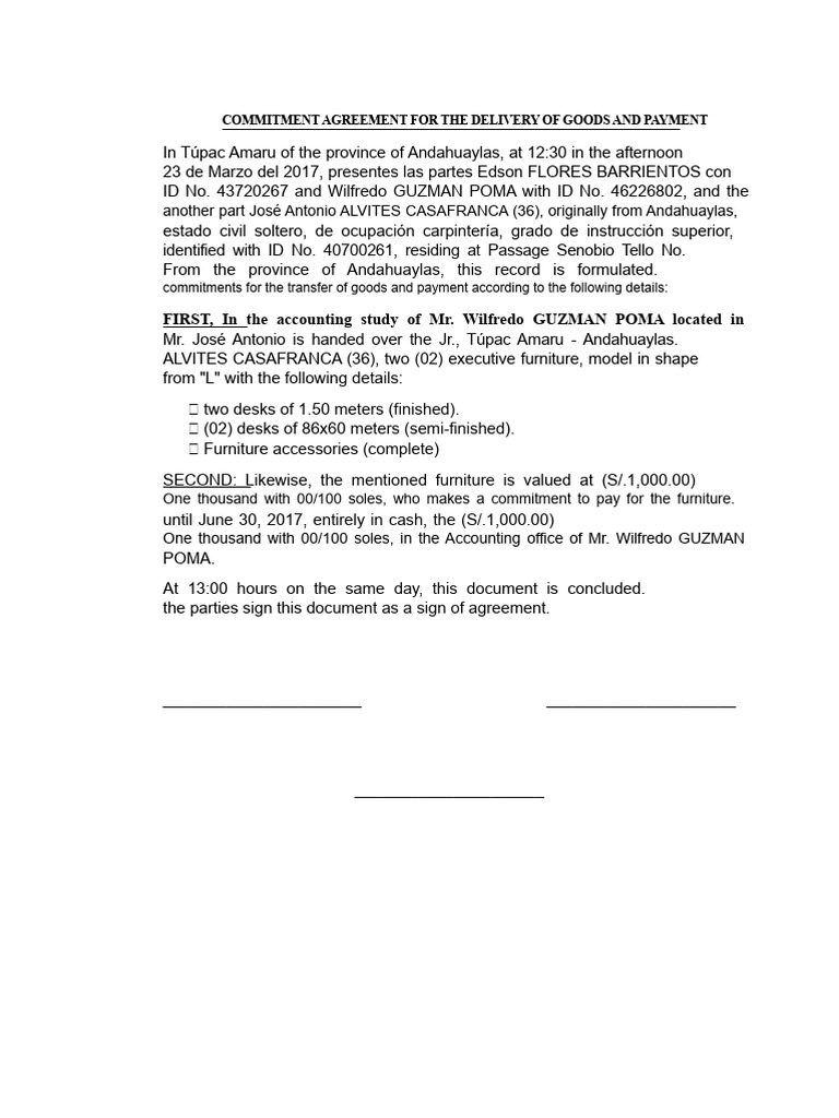Commitment Act For The Delivery of Goods and Payment | PDF