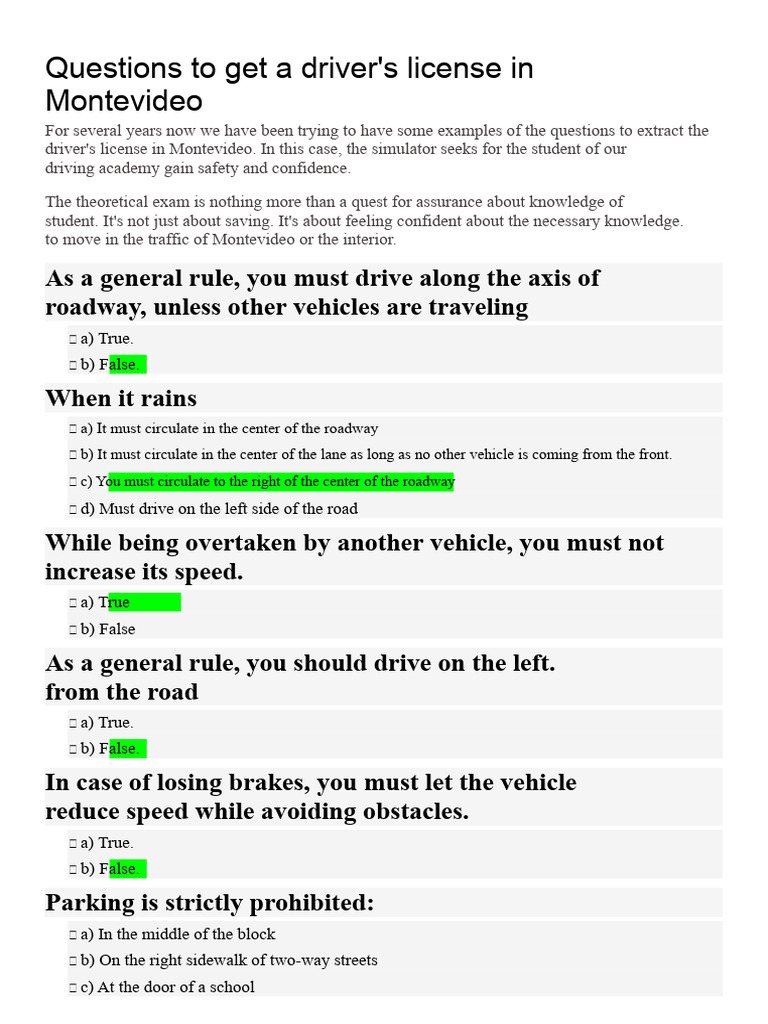 Driver's License Exam Questions Montevideo | PDF | Traffic | Traffic Light