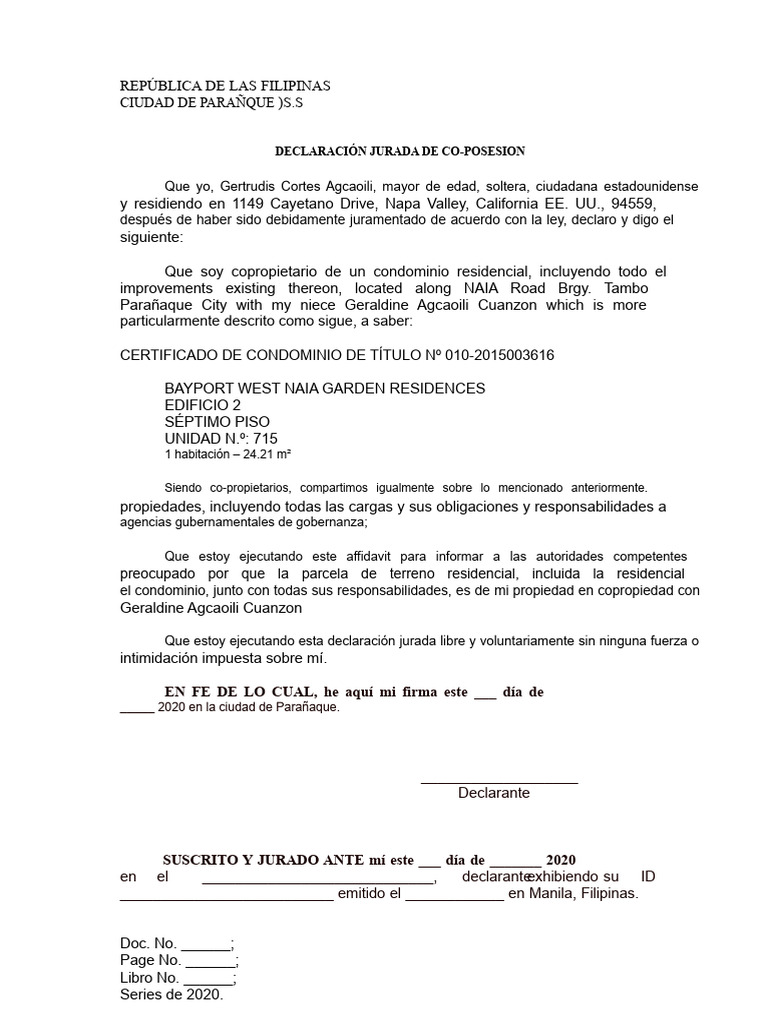 Declaración Jurada de Copropiedad en Filipinas | PDF
