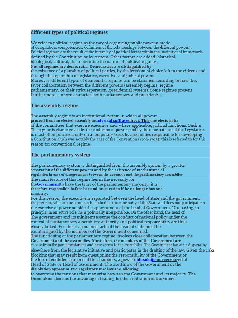 Types of Political Regimes Explained | PDF | Heads Of State | World ...