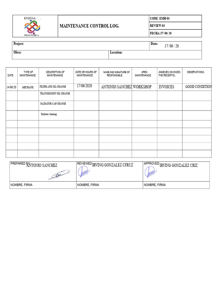 Maintenance Control Log EMH-03 | PDF