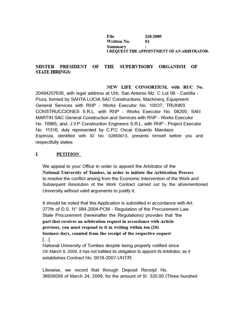 Request For Appointment of Arbitrator Before The OSCE | PDF ...