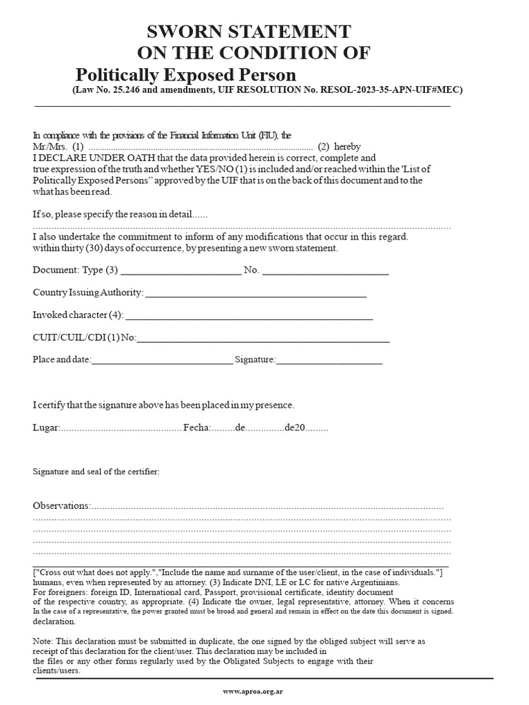 Sworn Statement for Politically Exposed Persons | PDF | Governor | Family