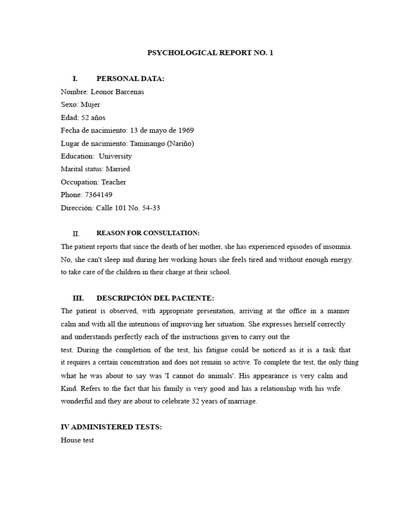 Psychological Report: Patient Analysis | PDF | Social Psychology ...