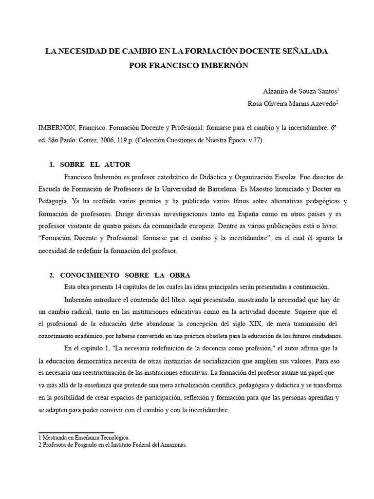 Cambio en la Formación Docente según Imbernón | PDF | Maestros | Plan ...