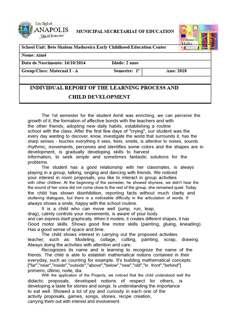 Individual Learning Reports for Preschoolers | PDF | Child Development ...