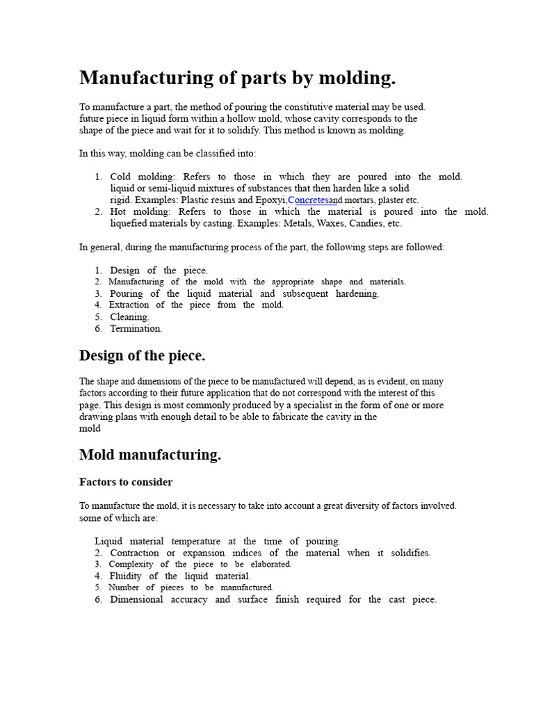 Molding Techniques for Part Manufacturing | PDF | Casting | Mechanical ...