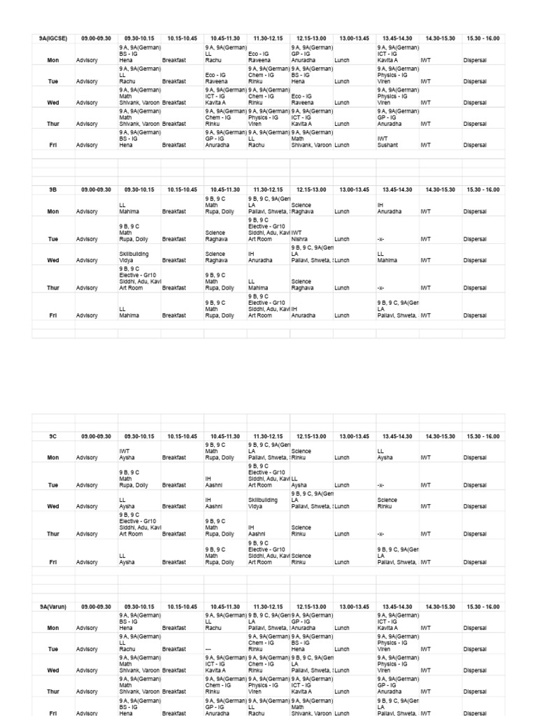 Weekly Schedule for 9A, 9B, 9C Classes | PDF