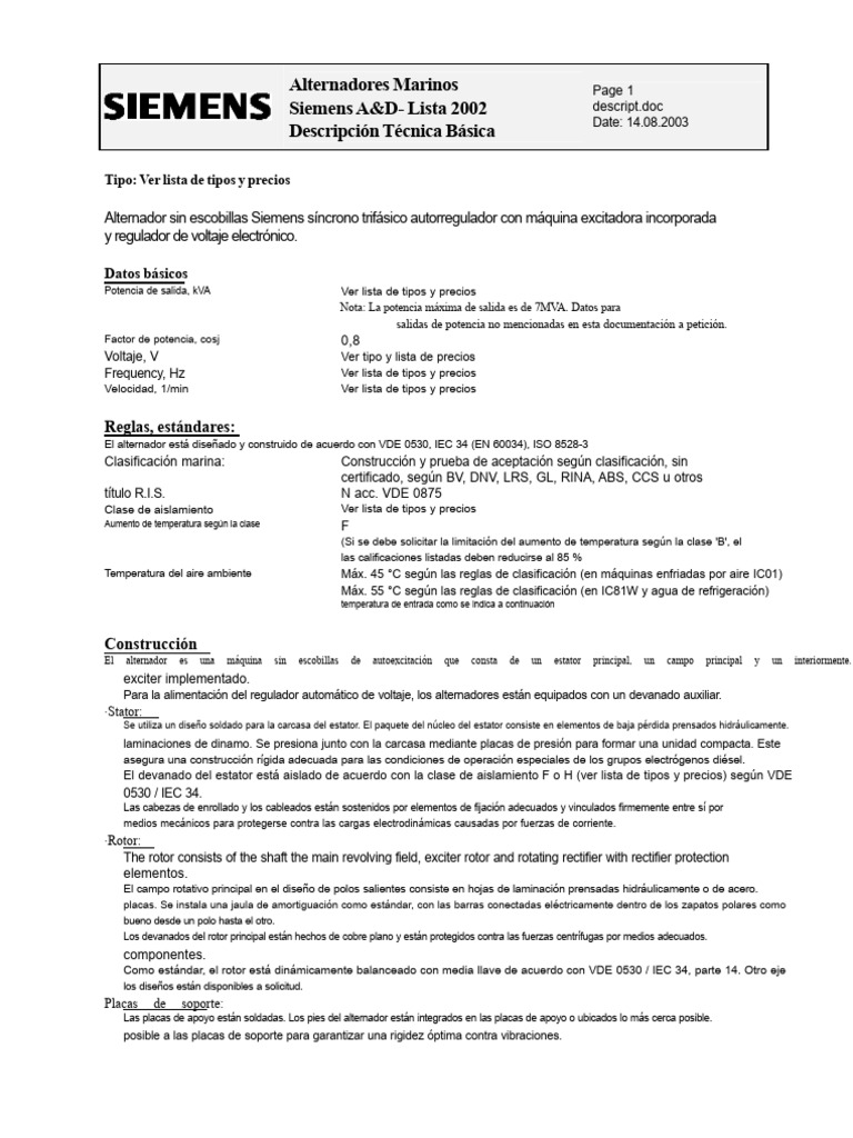 Especificación Del Alternador Seimens | PDF | Rodamiento (Mecánico ...
