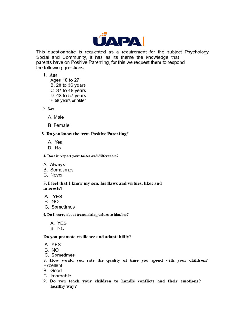 Positive Parenting Questionnaire for Parents | PDF