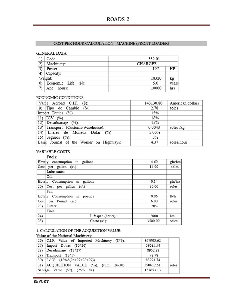 Front Loader Hourly Cost Analysis | PDF