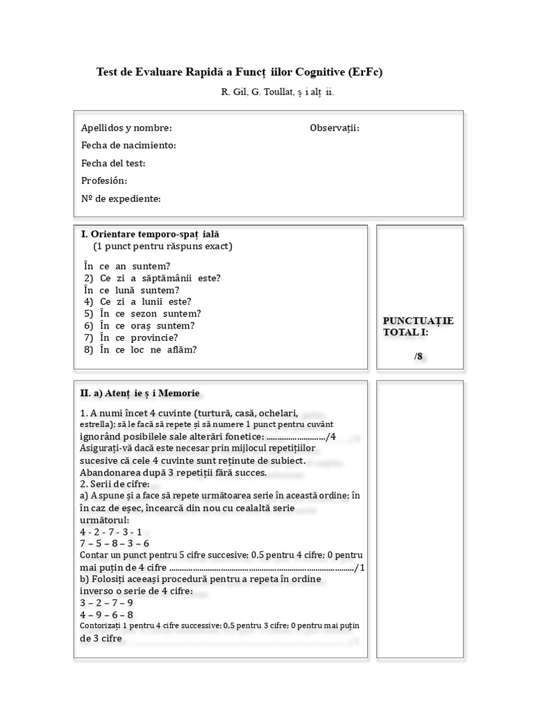 Test de Evaluare Rapidă A Funcțiilor Cognitive | PDF