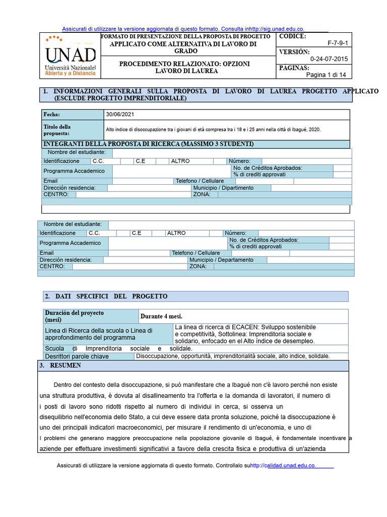 Allegato 1. Proposta Progetto Applicato Formato F-7-9-1 | PDF