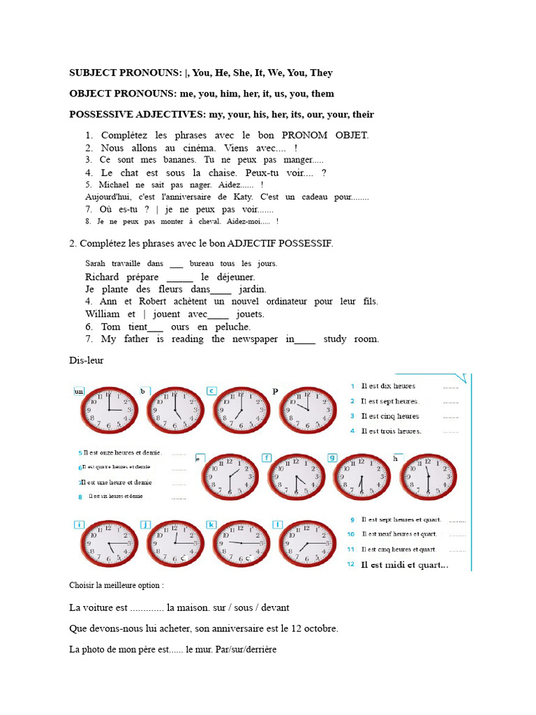 Exercices sur les pronoms et verbes en français | PDF | Pronom | Grammaire