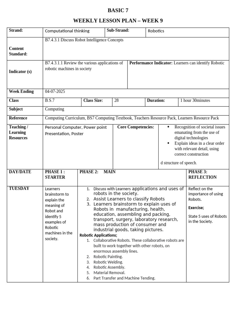Week 9 Robotics Lesson Plan | PDF | Robot | Robotics