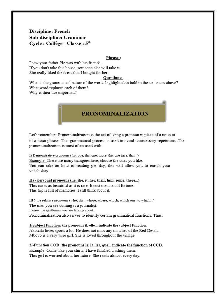 Understanding Pronominalization in French Grammar | PDF | Pronoun ...