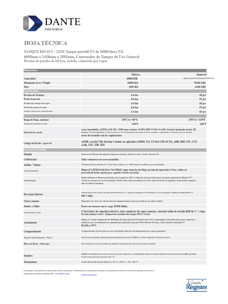 Tanque ISO 1CC / 22T6: Especificaciones Técnicas | PDF