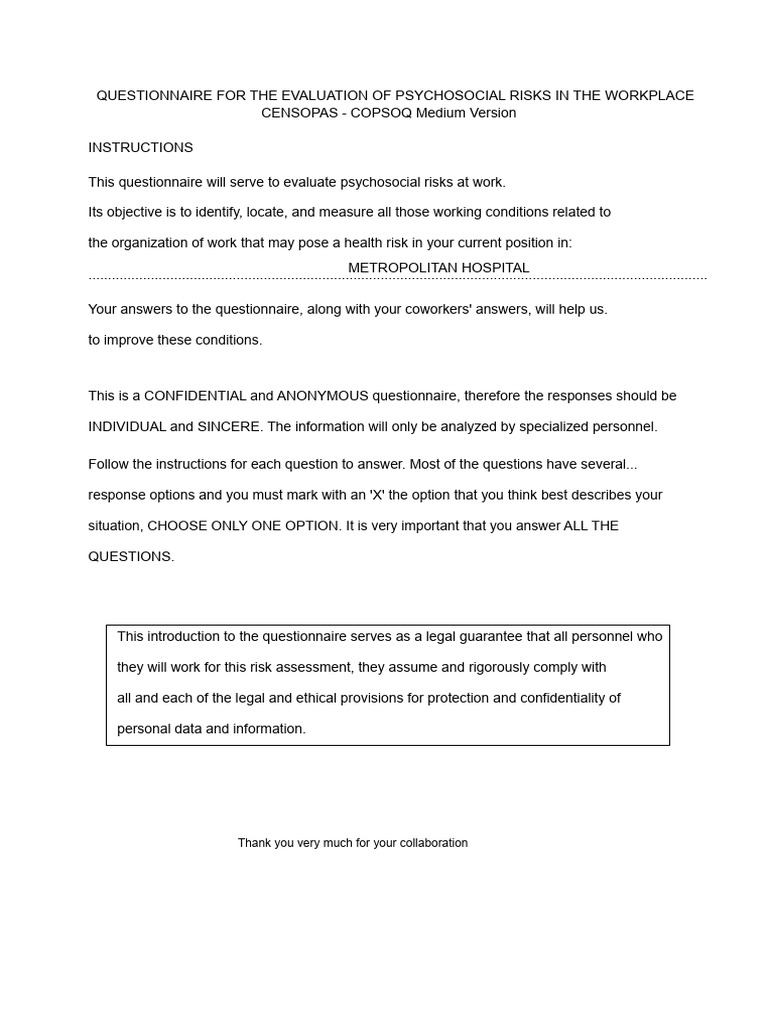 Censopascopsoq Psychosocial Risk Questionnaire | PDF | Risk ...