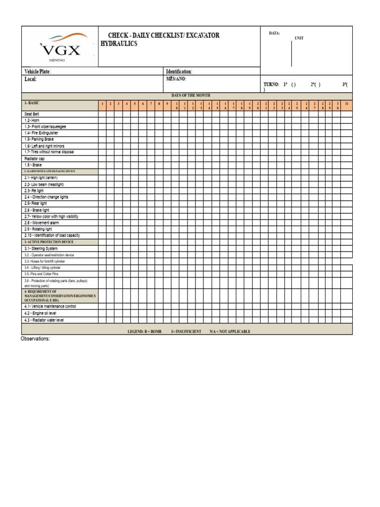 Excavator Daily Checklist Template | PDF