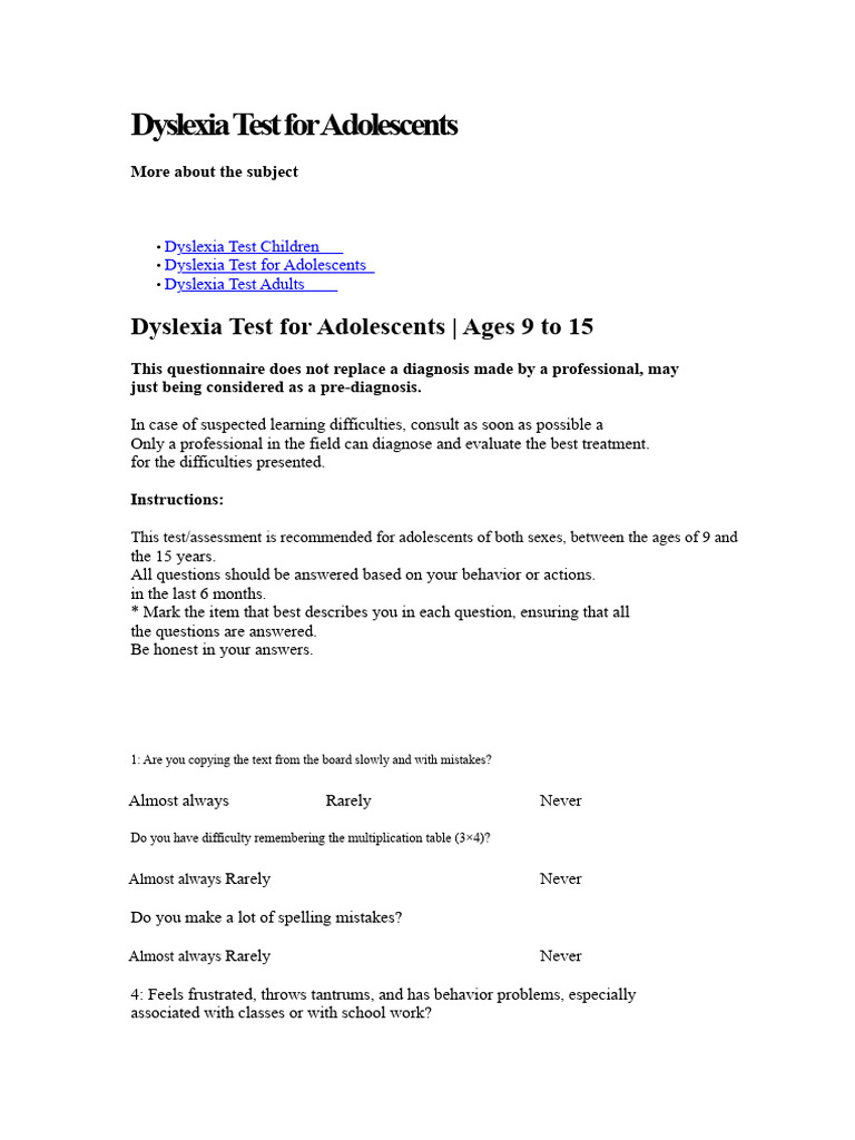 Dyslexia Tests for Children, Teens, Adults | PDF | Dyslexia | Learning ...